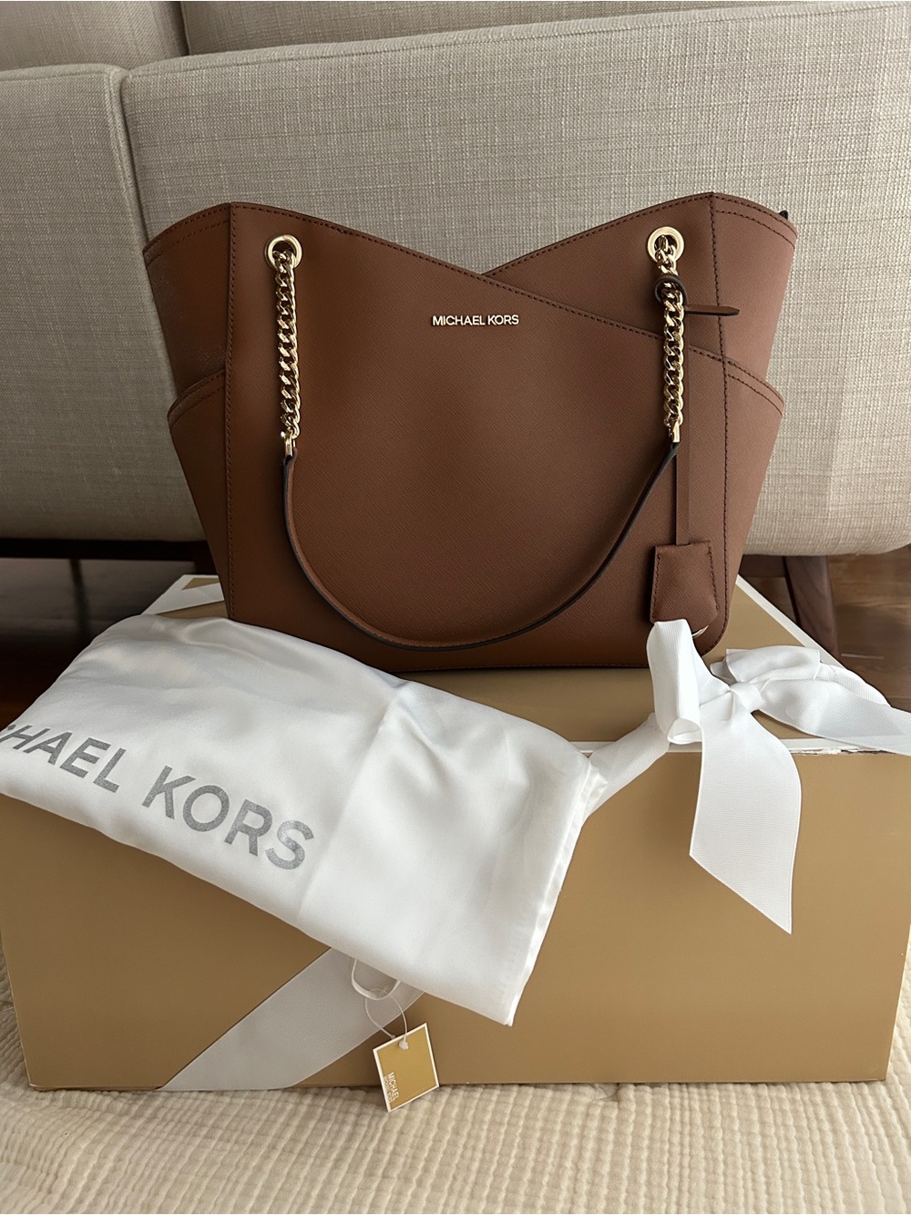 Michael Kors Chestnut Saffiano Leather Tote with Gold Chain Straps - Picture 1 of 4